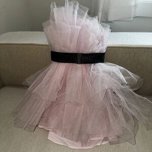 Petite Hailey Pink Tulle Belted Dresss